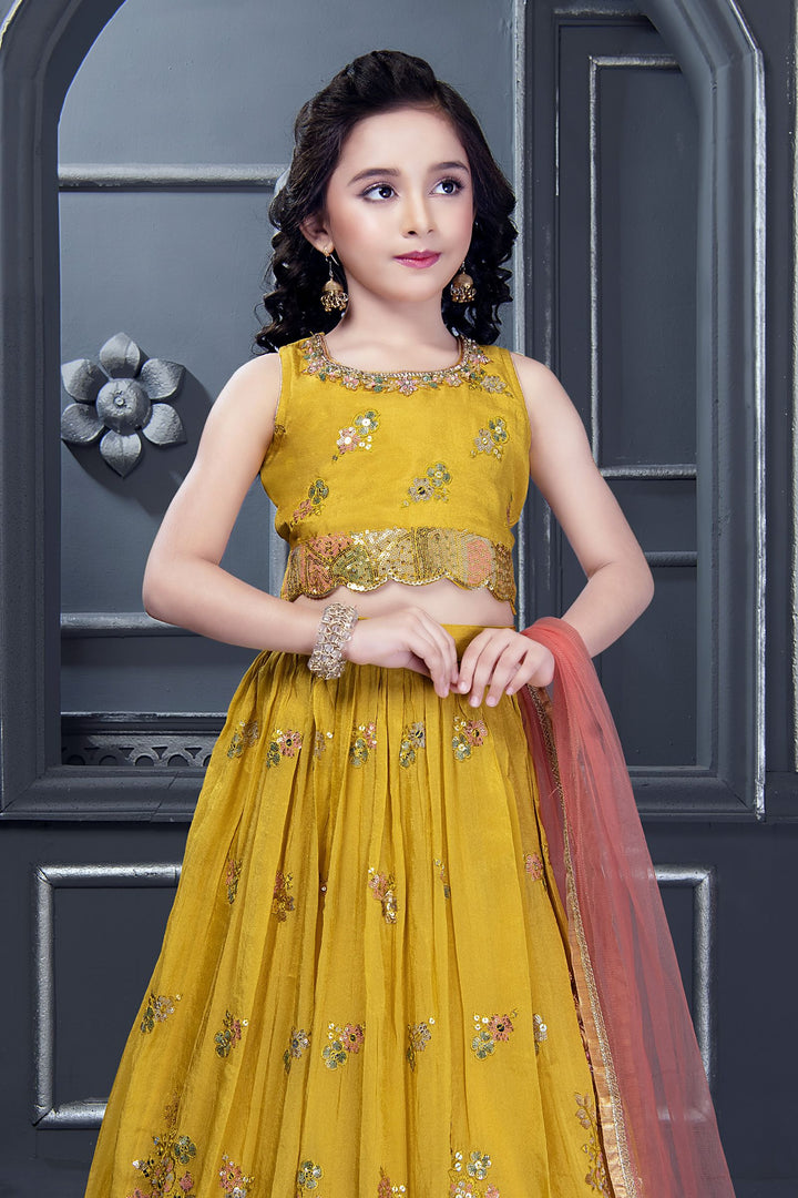 Mustard Sequins, Thread and Beads work Lehenga Choli for Girls