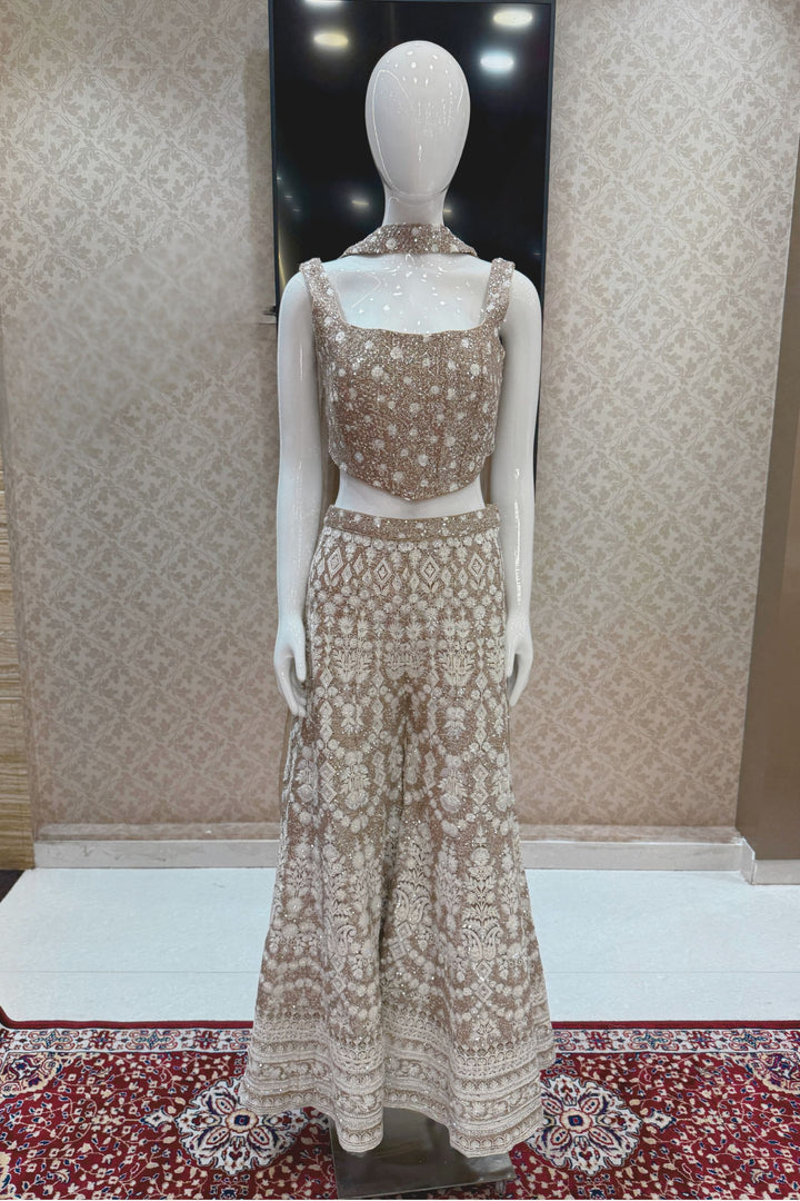 Beige Sequins, Stone and Thread work Crop Top with Palazzo Pant