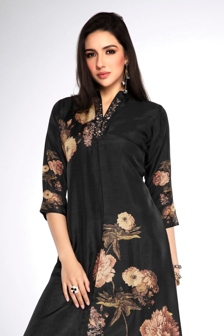 Black Zardozi, Beads and Stone work with Floral Print A-line Cut Calf Length Kurti
