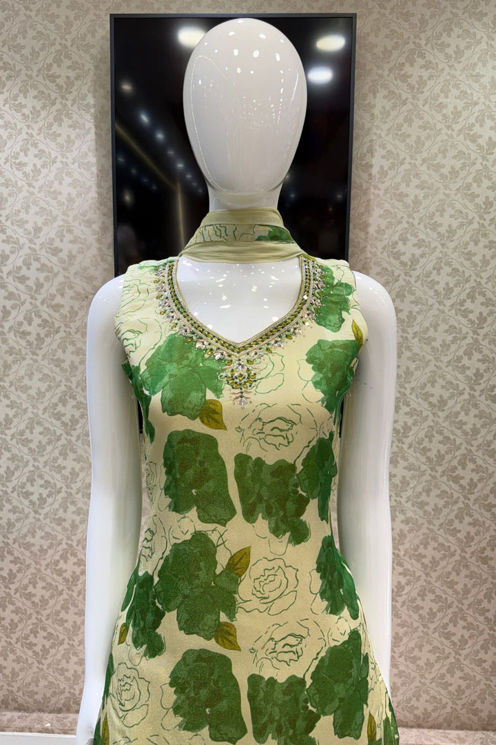 Beige with Green Floral Print with Zardozi and Mirror work Straight Cut Salwar Suit