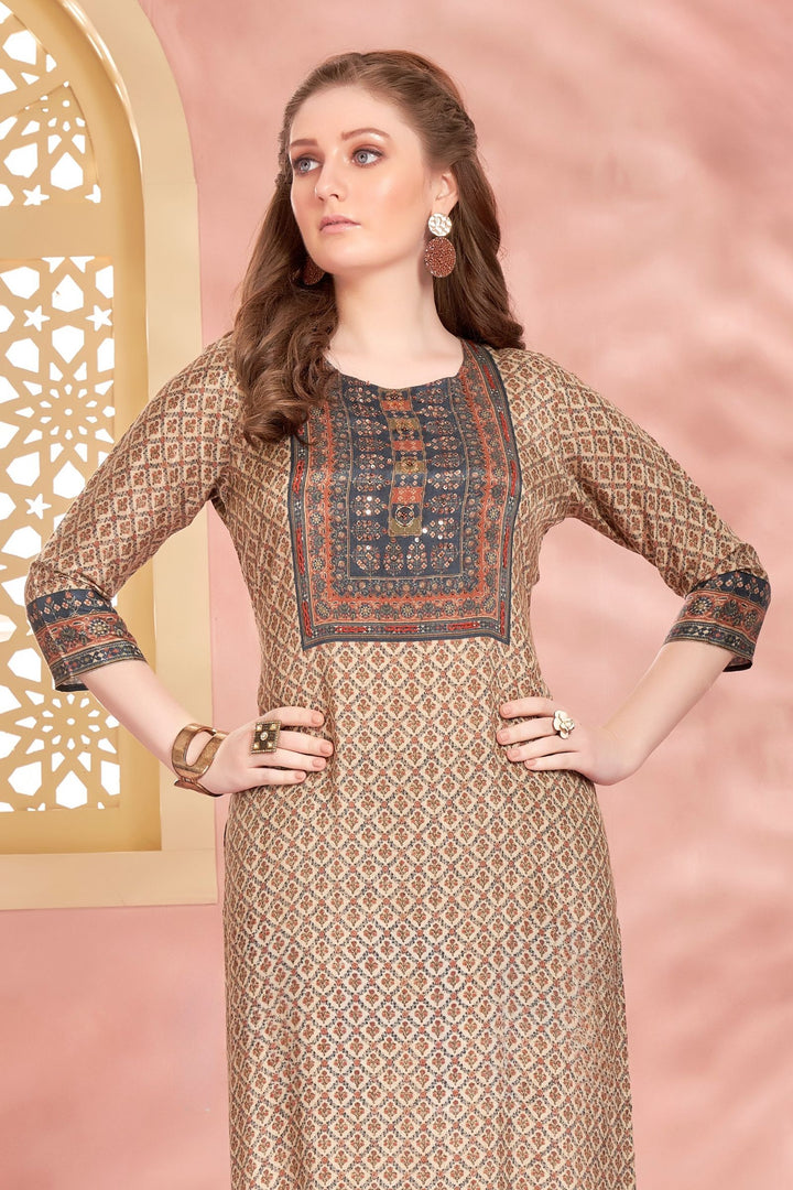 Beige Beads work with Multicolor Digital Print Calf Length Kurti