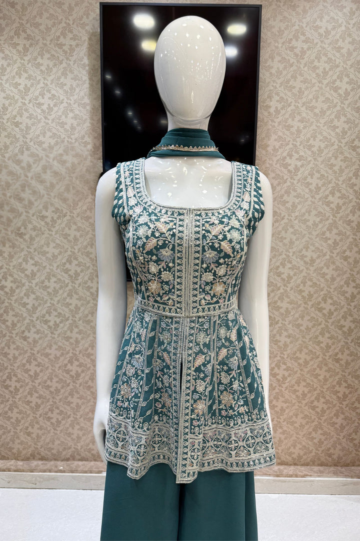 Sea Green Multicolor Embroidery and Sequins work Peplum Top with Palazzo Suit Set