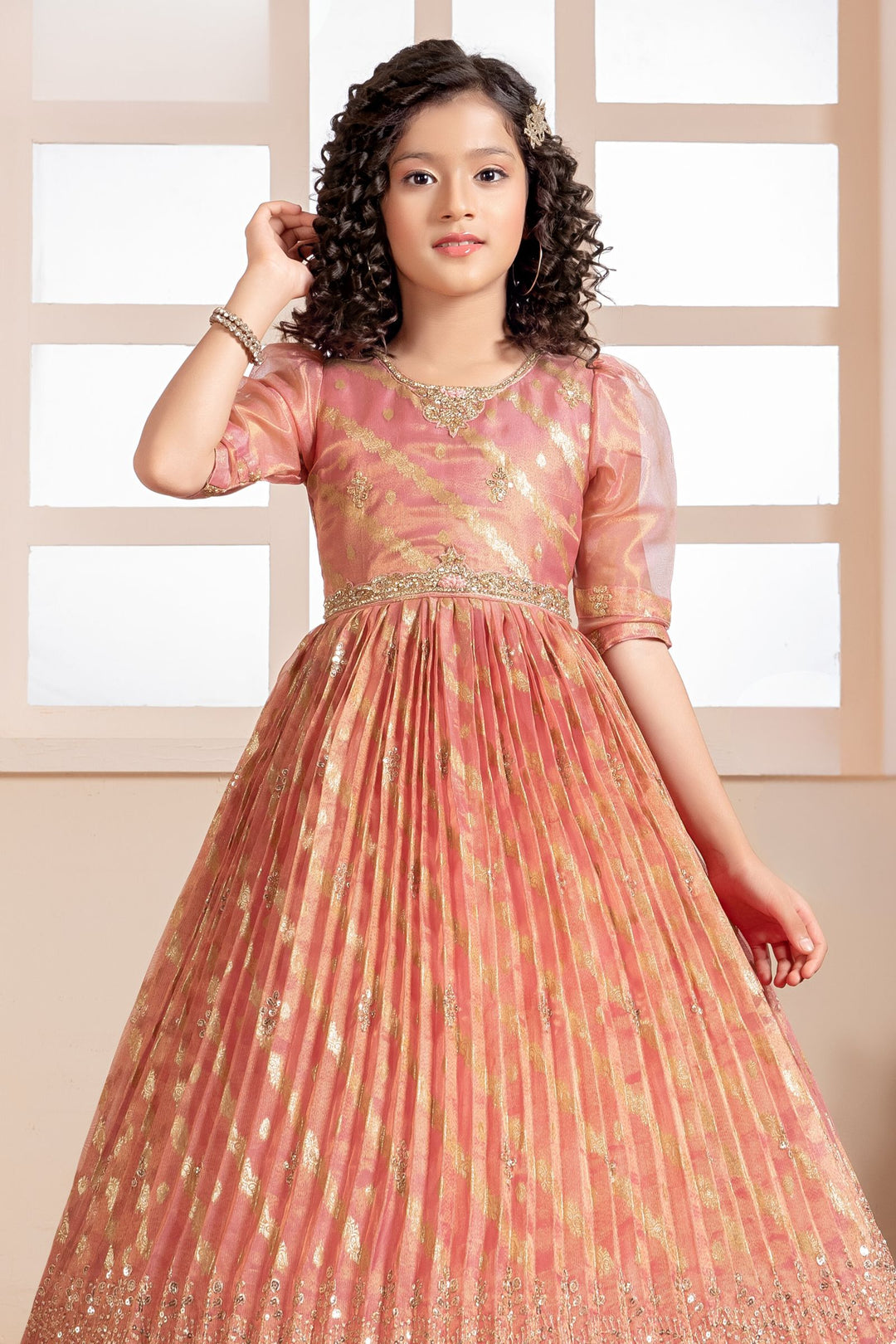 Peach Zari, Sequins, Stone and Beads work Long Party Gown for Girls