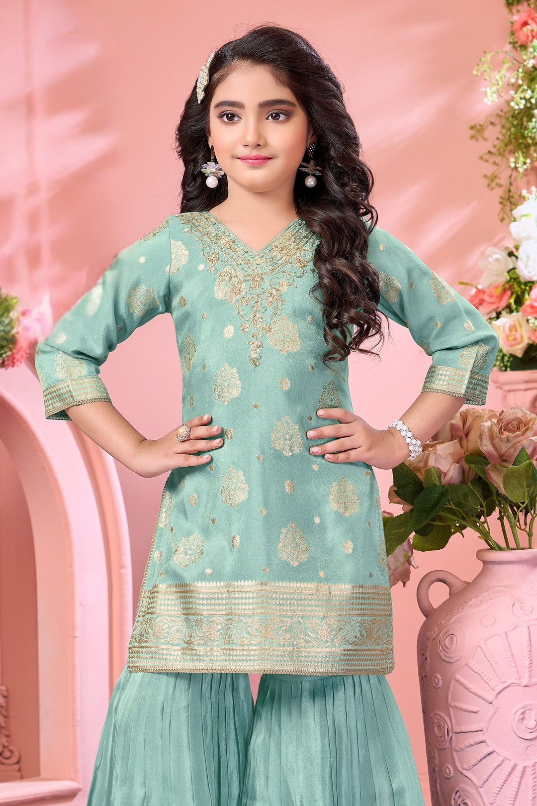 Sea Blue  Brocade, Zardozi, Beads and Sequins work Sharara Suit Set for Girls