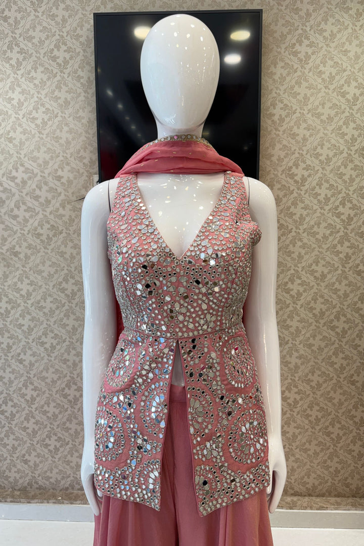 Pink Mirror, Zari and Stone work Top with Palazzo Pant Set