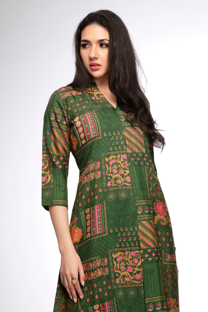 Green Beads, Stone and Sequins work with Multicolor Digital Print A-line Cut Calf Length Kurti