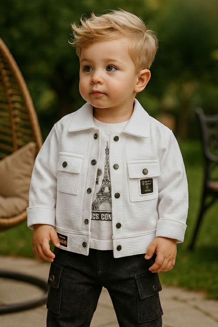 White Printed T-Shirt, Blazer and Black Pant Set for Boys