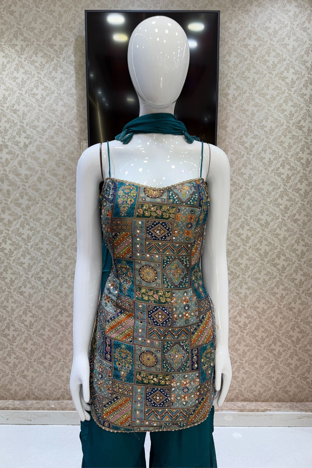 Rama Green Stone, Mirror and Banaras work with Digital Print Sharara Salwar Suit