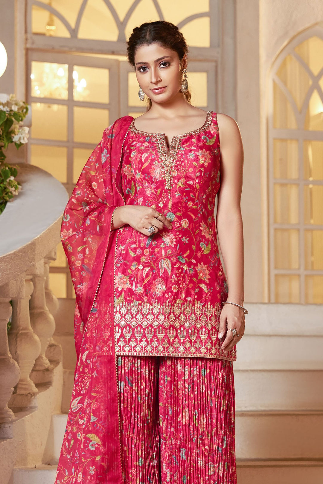 Pink Sequins, Zari, Beads, Mirror and Stone work Palazzo Suit Set