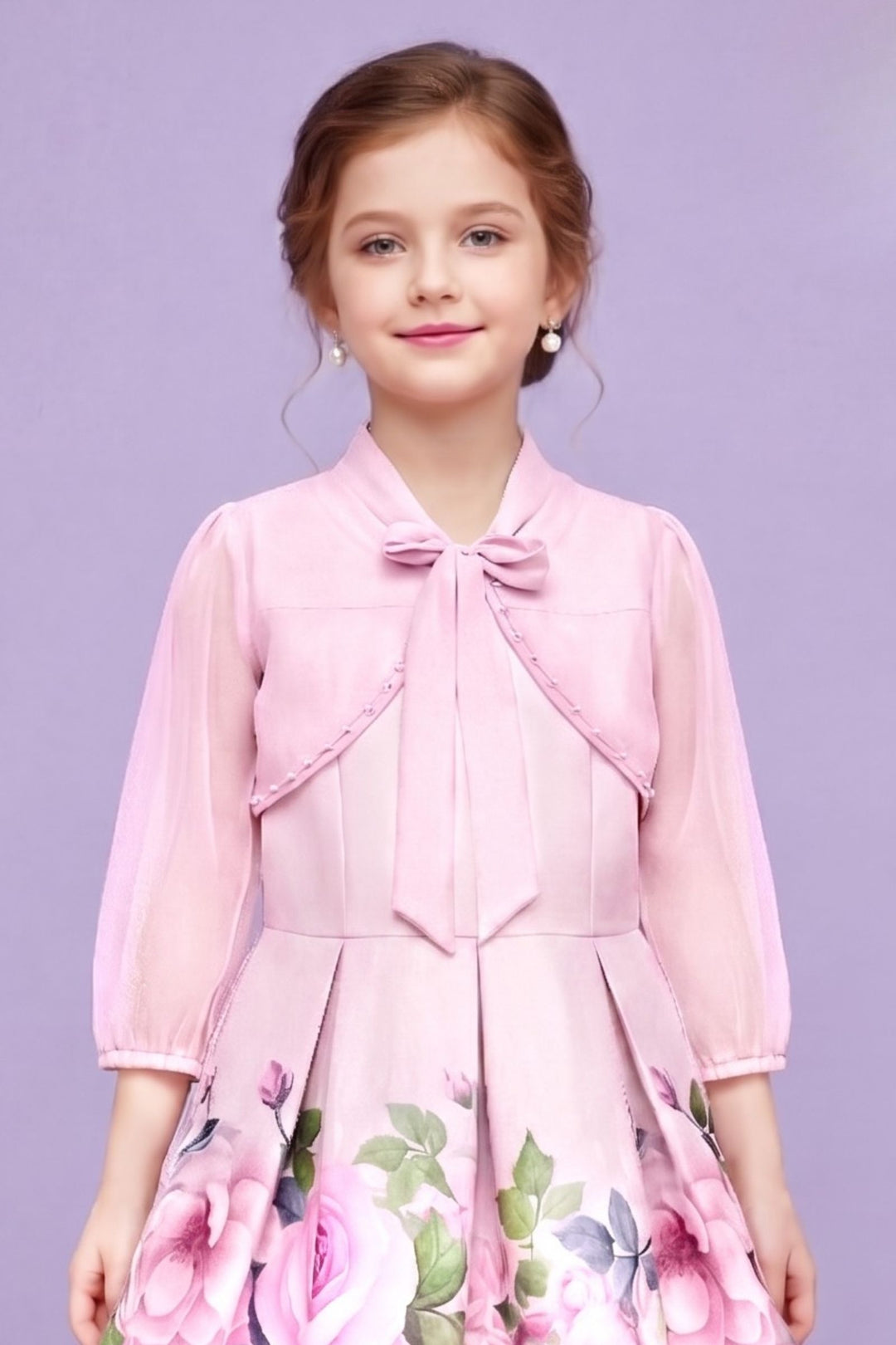 Light Pink Floral Print Jacket Styled Short Frock For Girls