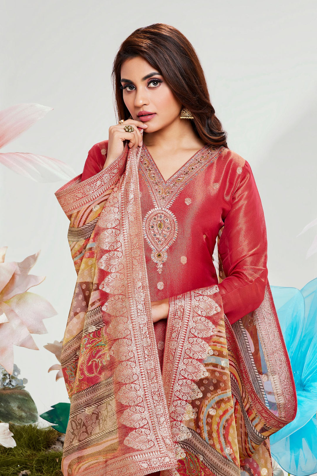 Brick Red Banaras, Beads, Mirror and Stone work Straight Cut Salwar Suit