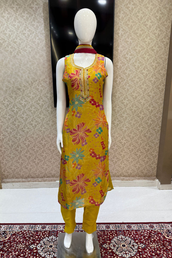 Yellow Zardozi, Beads, Sequins and Stone work with Floral Print Straight Cut Salwar Suit