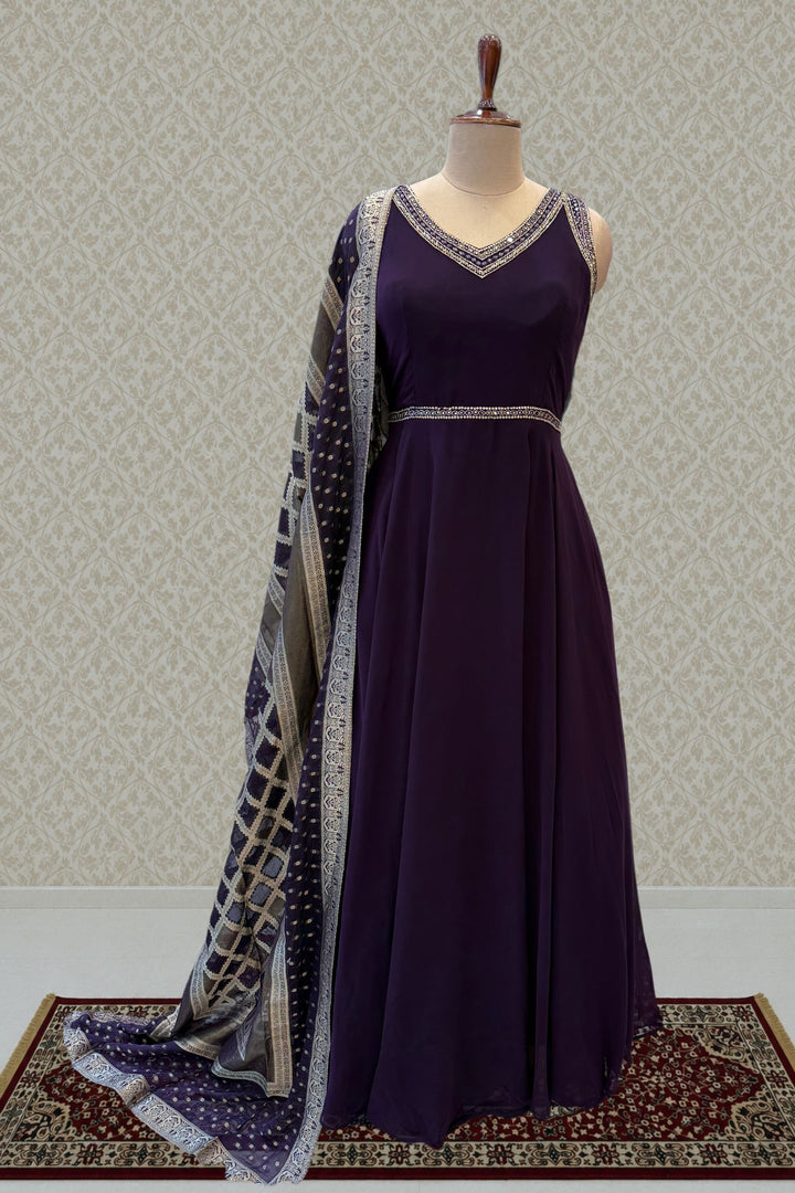 Wine Beads and Sequins work Anarkali Gown with Traditional Banaras work Dupatta