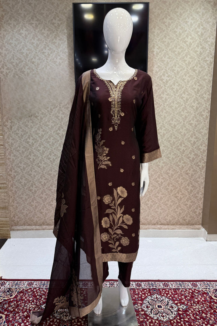 Brown Zardozi, Sequins, Beads and Banaras work Straight Cut Salwar Suit