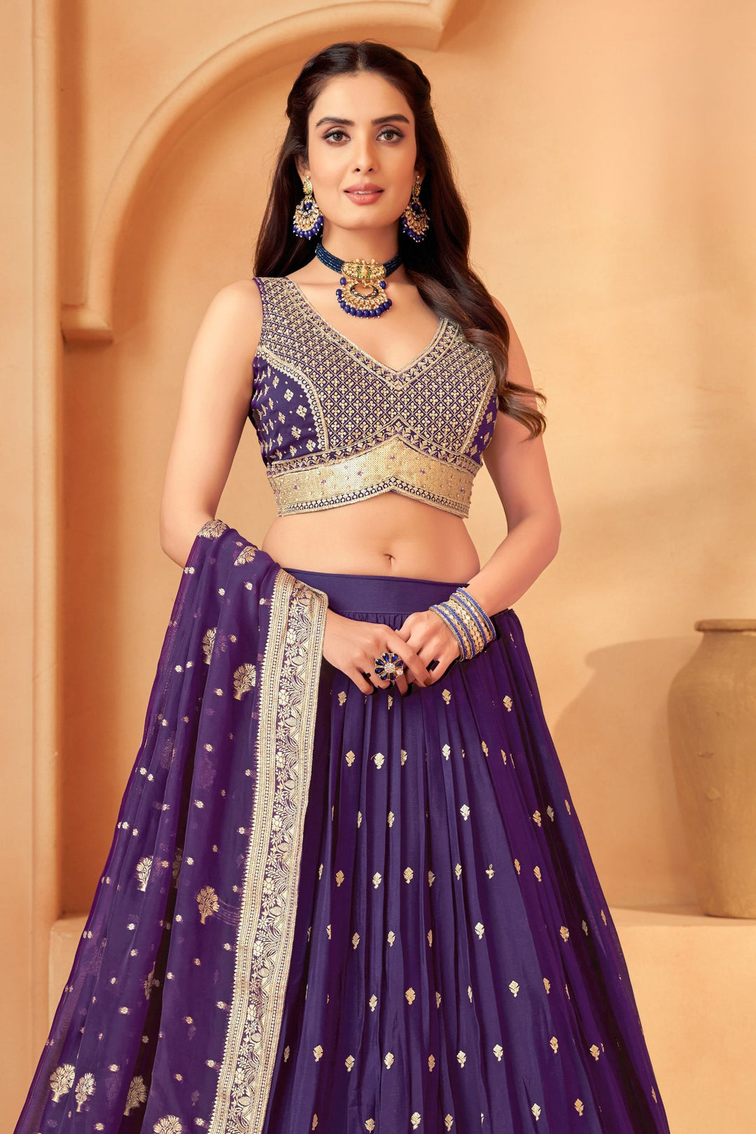 Purple Stone, Zari, Sequins and Beads work Crop Top Lehenga