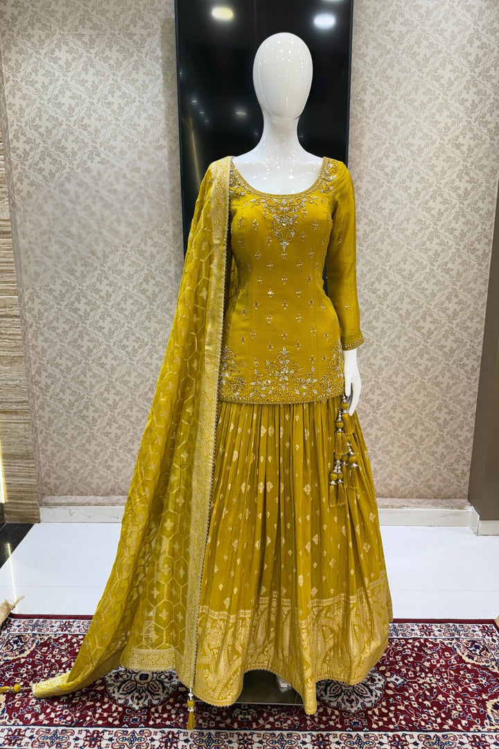 Yellow Mirror, Stone, Sequins, Zari, Beads and Banaras work Top with Lehenga