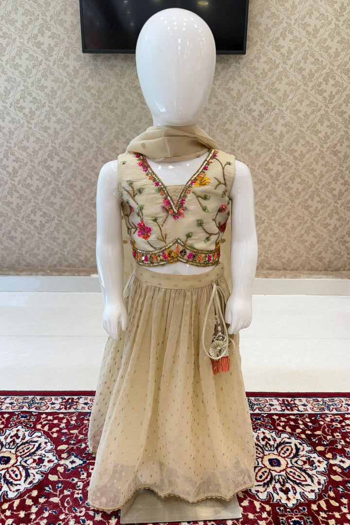 Cream Beads, Sequins, Mirror and Embroidery work Lehenga Choli for Girls