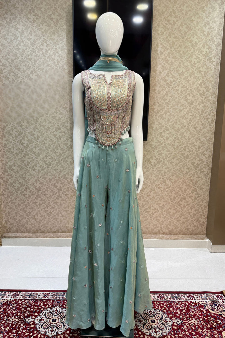 Sea Green Zari, Sequins and Multicolor Thread work Palazzo Suit Set