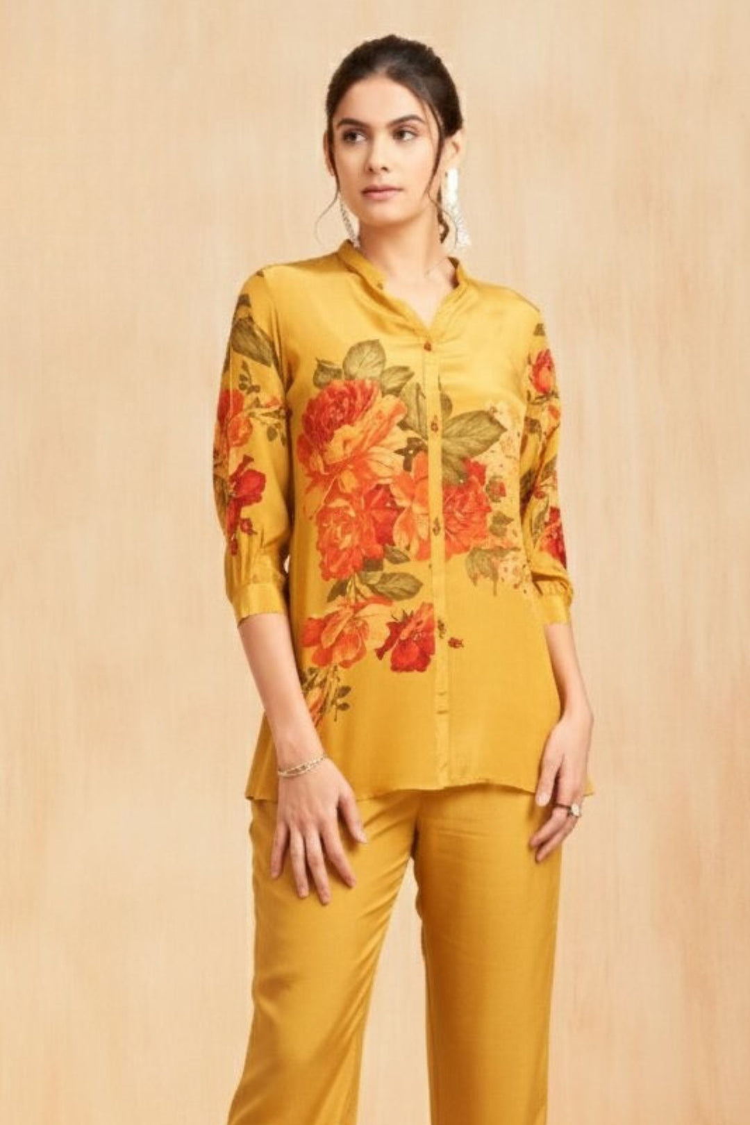 Mustard Sequins work with Floral Print Cord Set