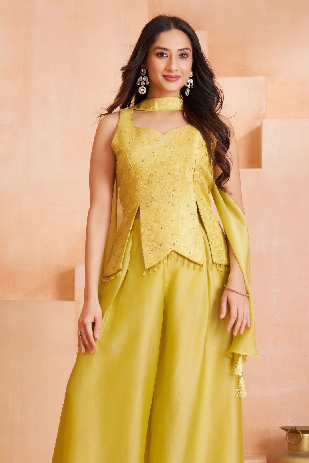 Lemon Yellow Kundan and Beads work Palazzo Suit Set