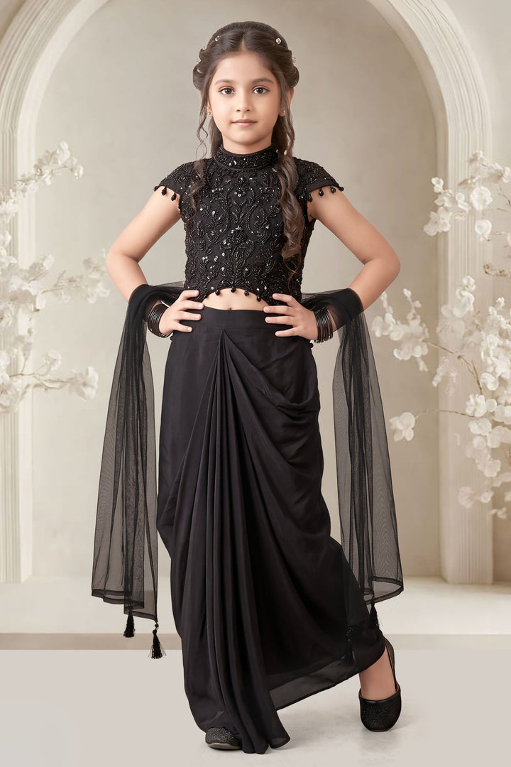 Black Beads and Sequins work Choli with Cowl Skirt for Girls