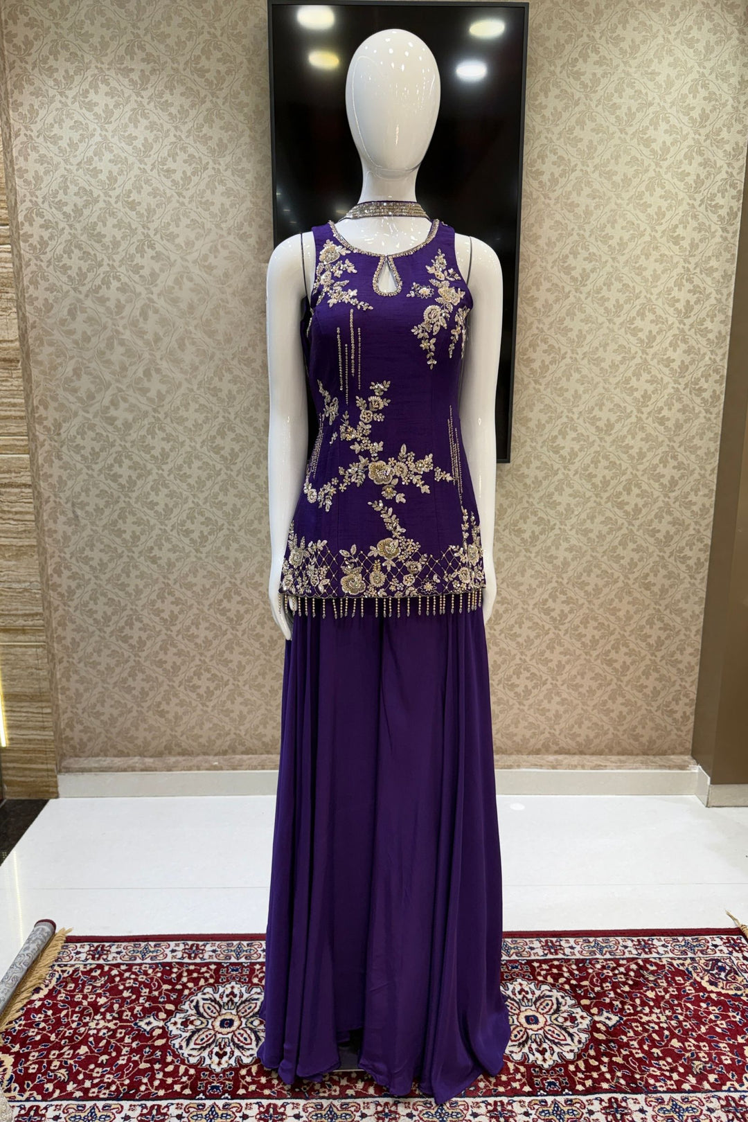 Purple Zardozi, Stone, Beads, Sequins and Pearl work Palazzo Salwar Suit