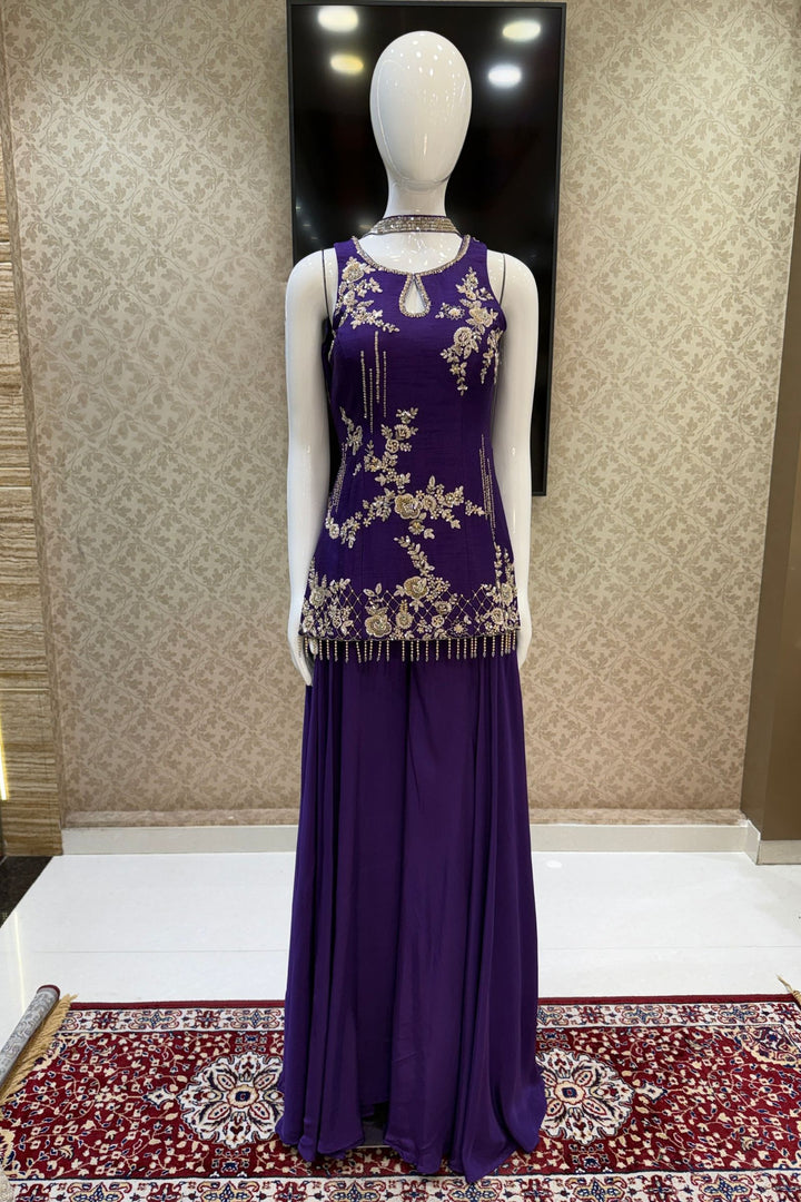 Purple Zardozi, Stone, Beads, Sequins and Pearl work Palazzo Salwar Suit