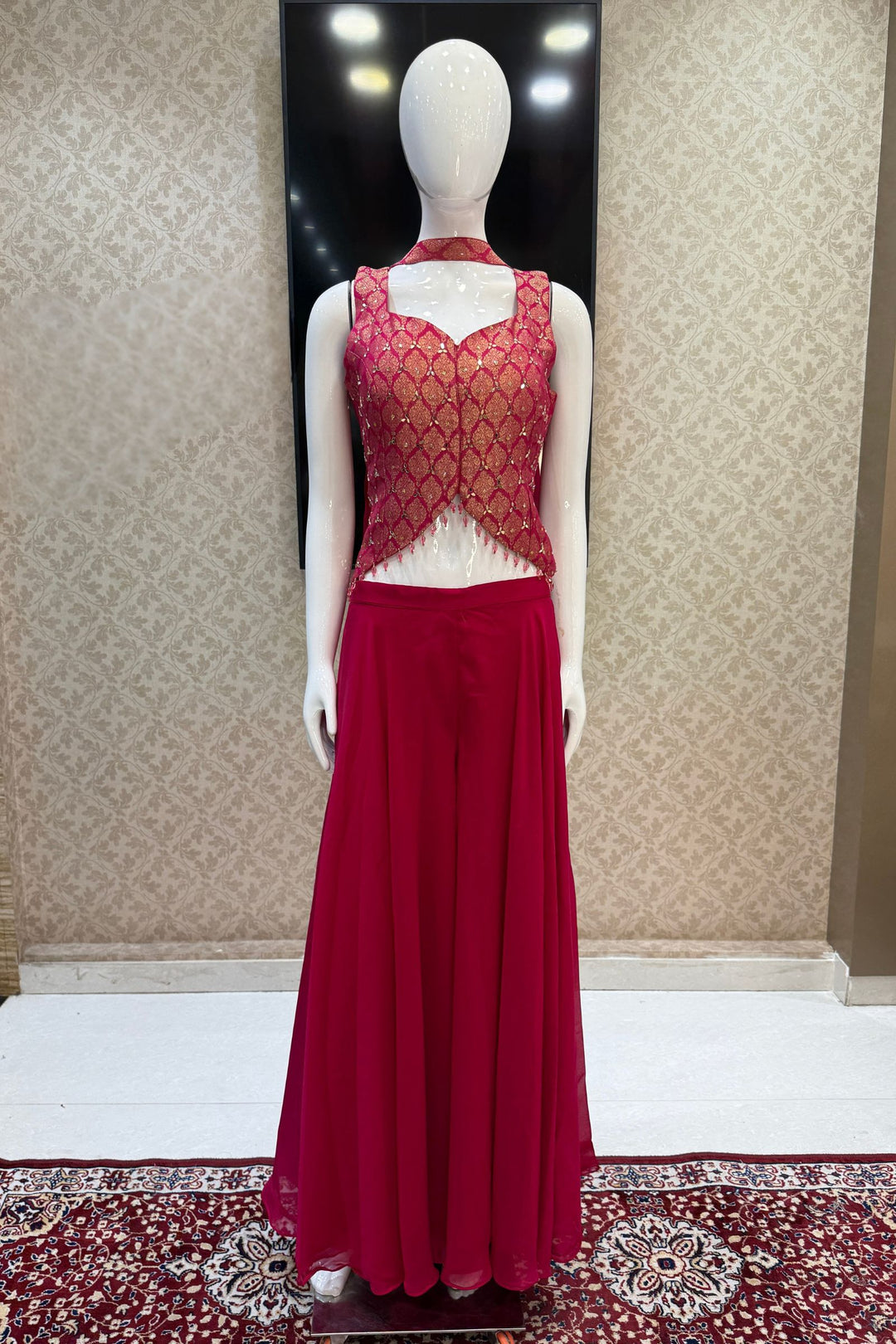 Rani Pink Mirror, Stone and Banaras work Palazzo Suit Set