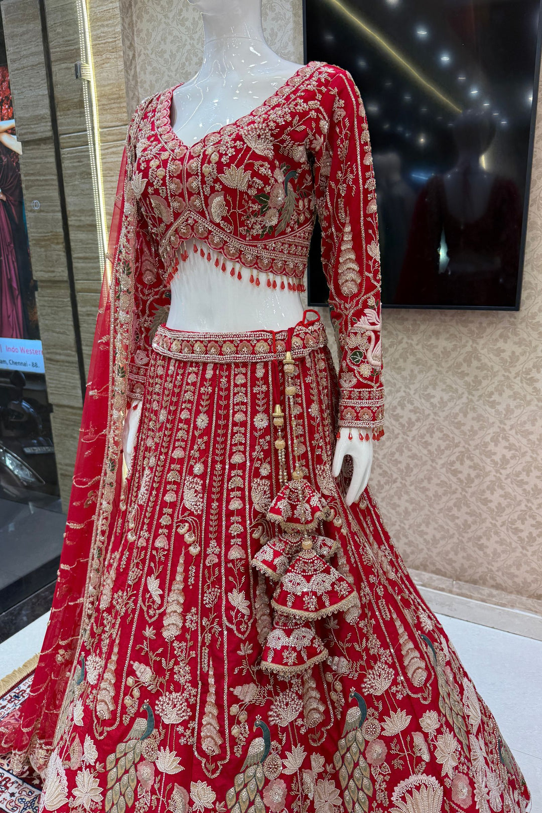 Red Beads, Embroidery, Zari, Sequins and Zardozi work Crop Top Designer Bridal Lehenga