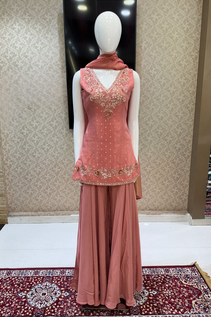 Peach Banaras Zari, Beads, Sequins, Mirror, Stone and Zardozi work Palazzo Salwar Suit
