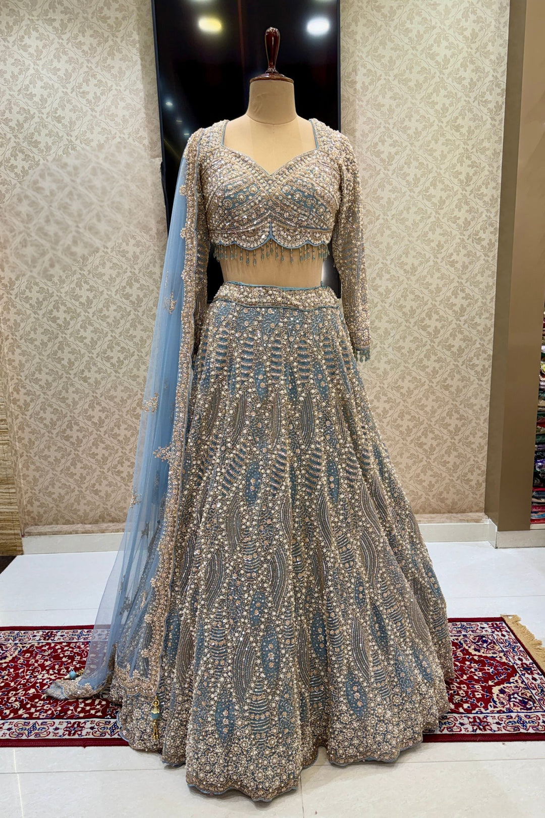 Sea Blue Bridal Lehenga with Intricate Beads, Pearl and Sequins Work