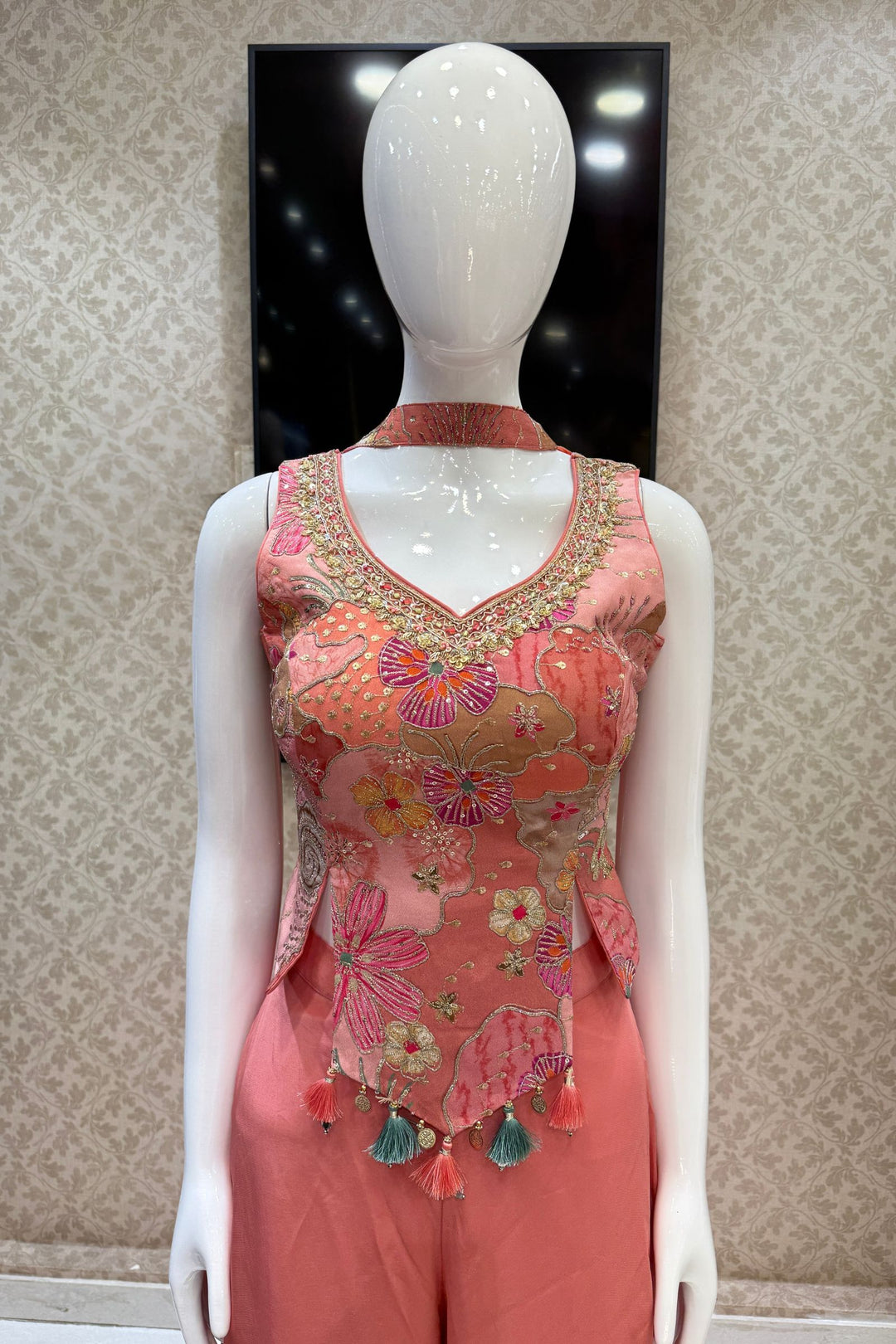 Peach Sequins, Zari, Zardozi and Stone work with Multicolor Digital Print Palazzo Suit Set