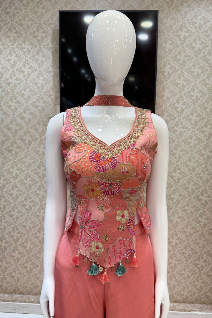 Peach Sequins, Zari, Zardozi and Stone work with Multicolor Digital Print Palazzo Suit Set