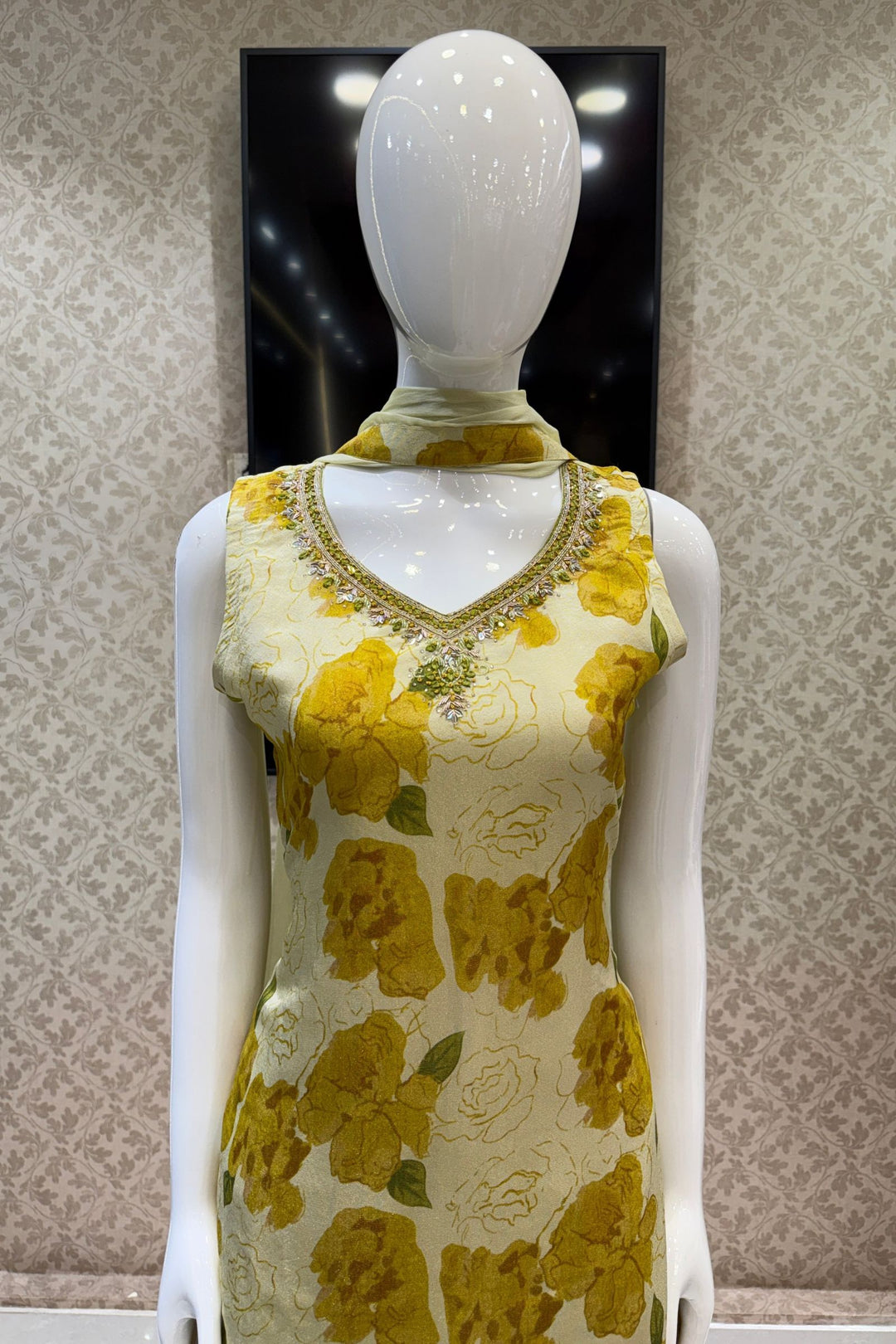 Beige with Yellow Floral Print with Zardozi and Mirror work Straight Cut Salwar Suit