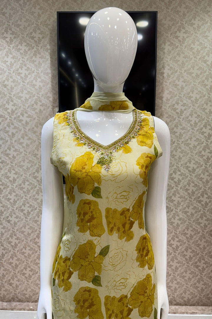 Beige with Yellow Floral Print with Zardozi and Mirror work Straight Cut Salwar Suit