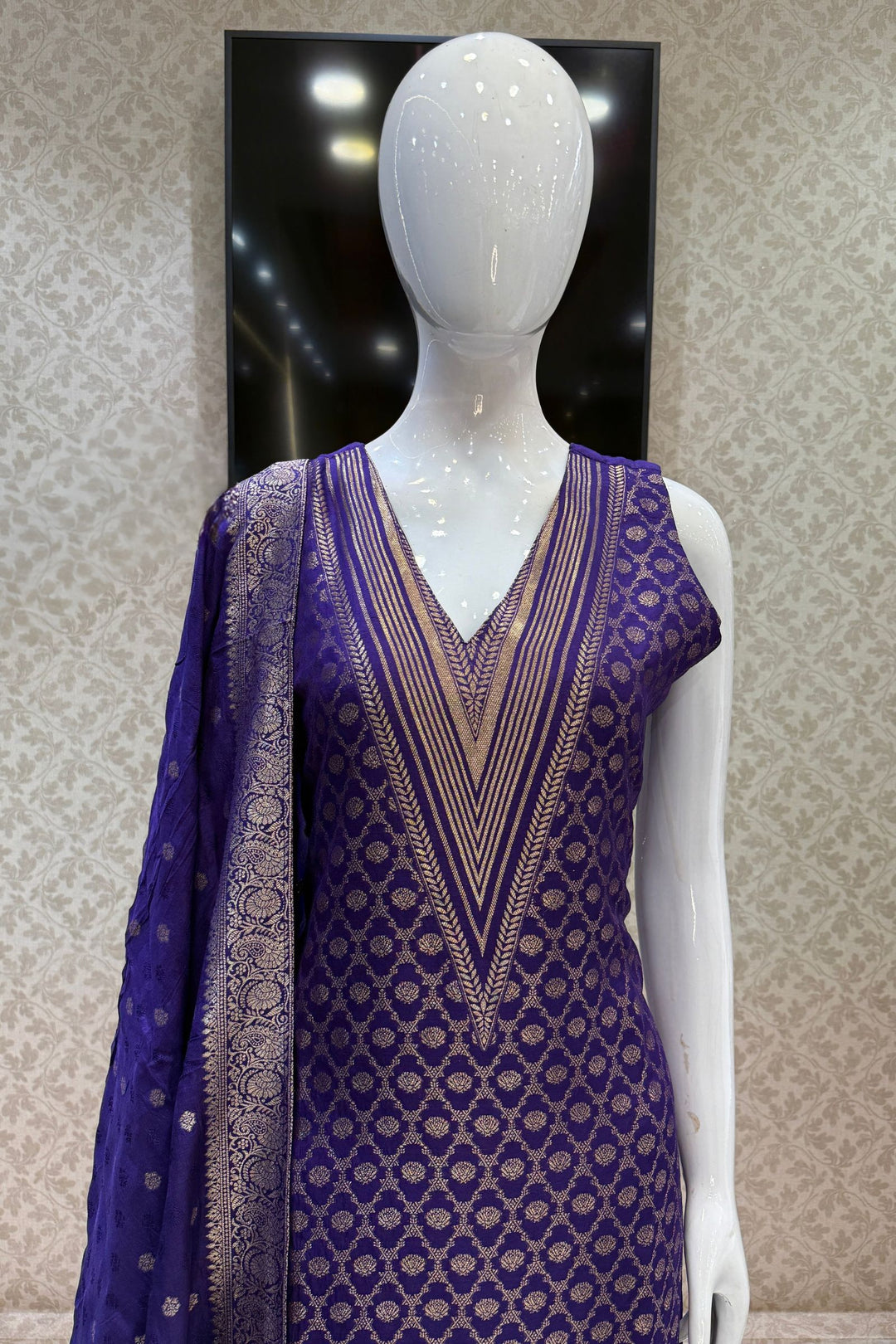 Purple Banaras work V-Neck Straight Cut Salwar Suit
