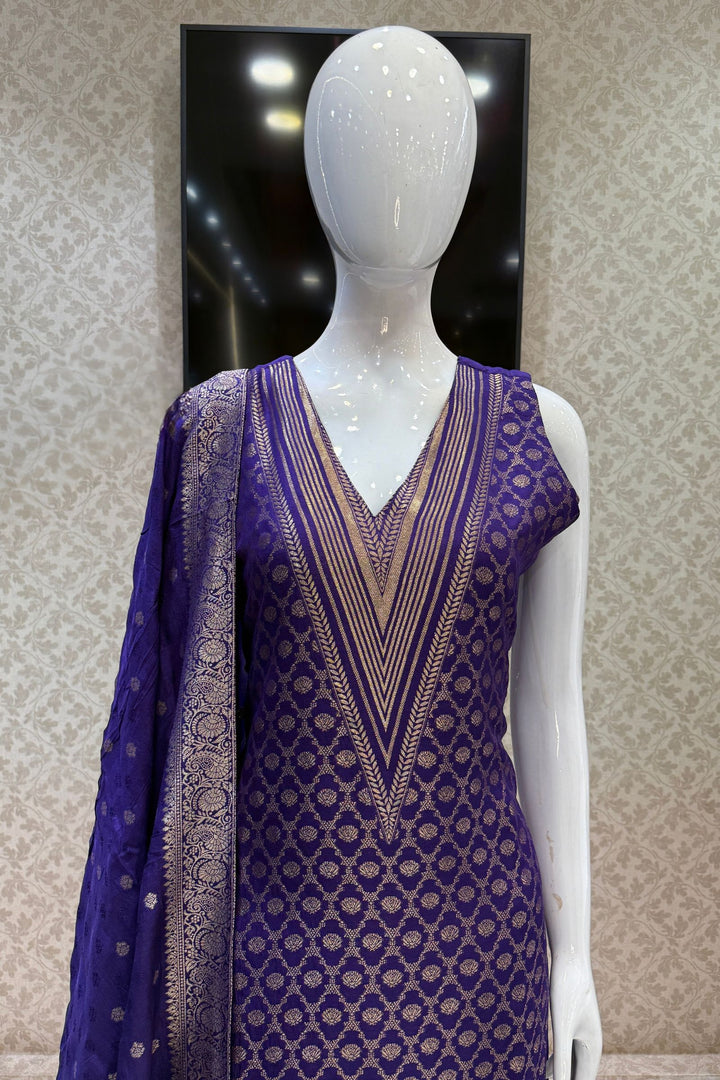 Purple Banaras work V-Neck Straight Cut Salwar Suit