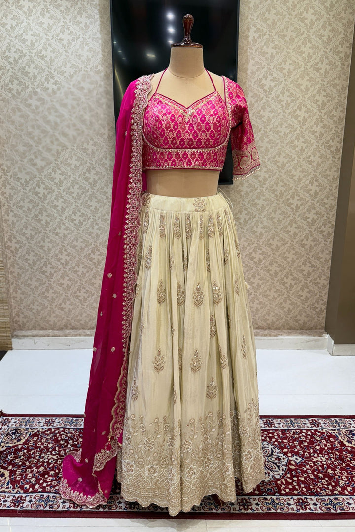 Pink with Cream Beads, Sequins, Stone, Mirror, Zari and Banaras work Crop Top Lehenga