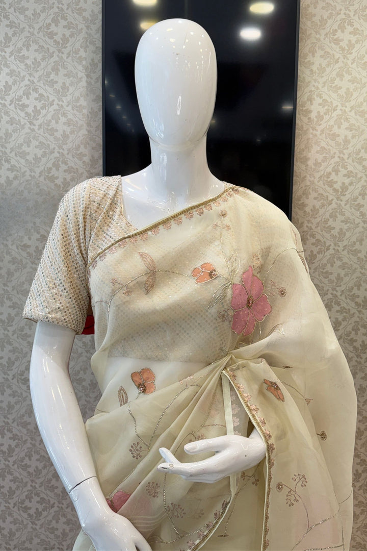 Elegant Cream Organza Saree with Pink Handcrafted Floral Applique