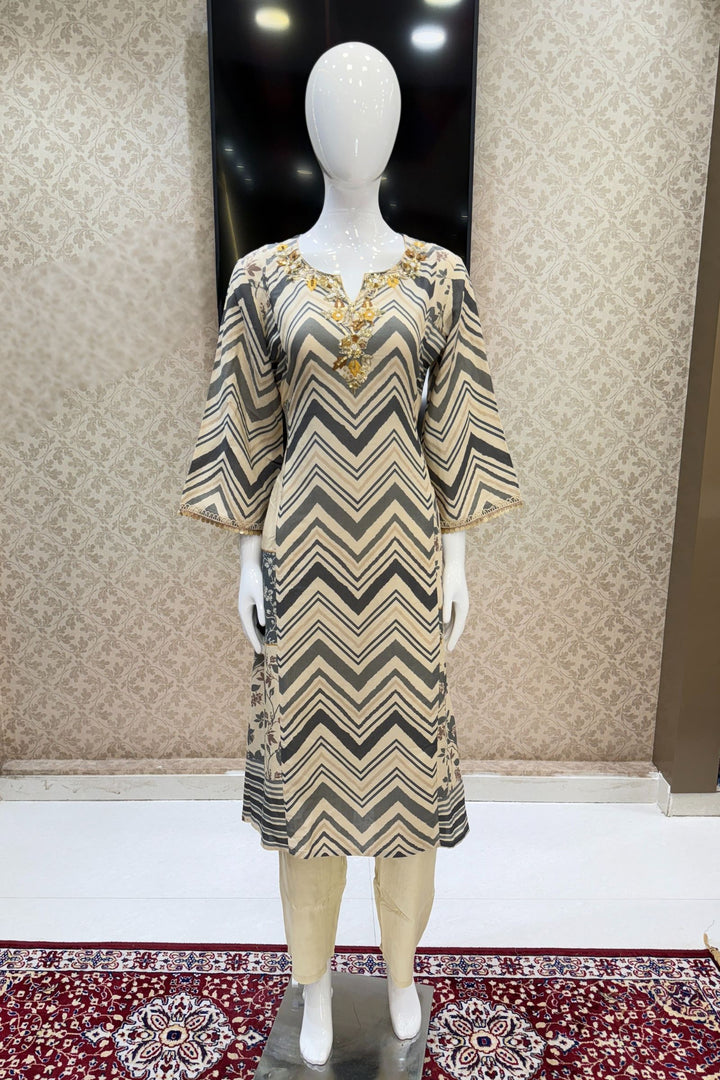 Cream Sequins, Beads and Zardozi work with Zig Zag Stripes Straight Cut Salwar Suit