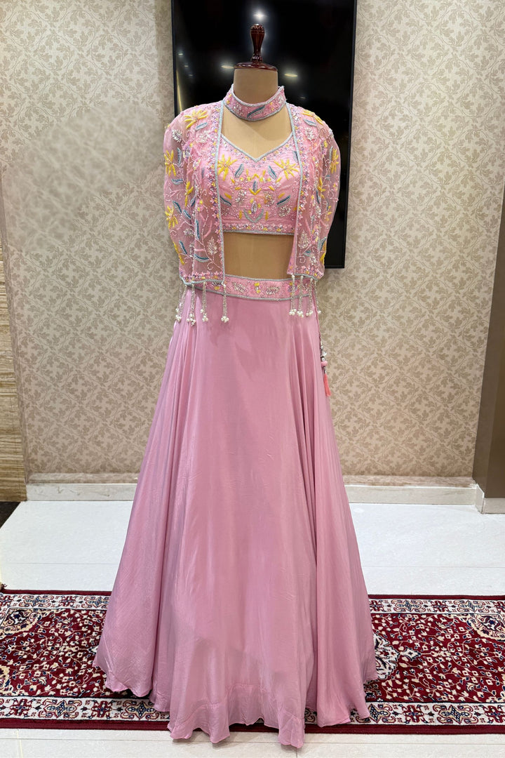 Light Pink Beads, Sequins and Stone work with Poncho Crop Top Lehenga