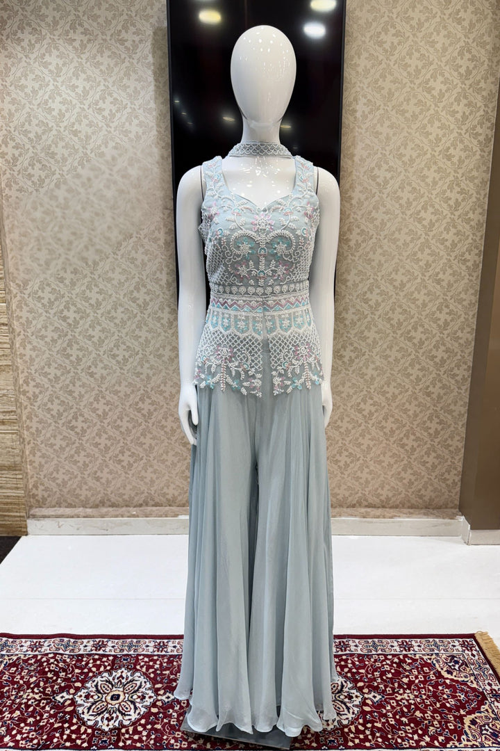 Sea Blue Beads and Sequins work Palazzo Suit Set