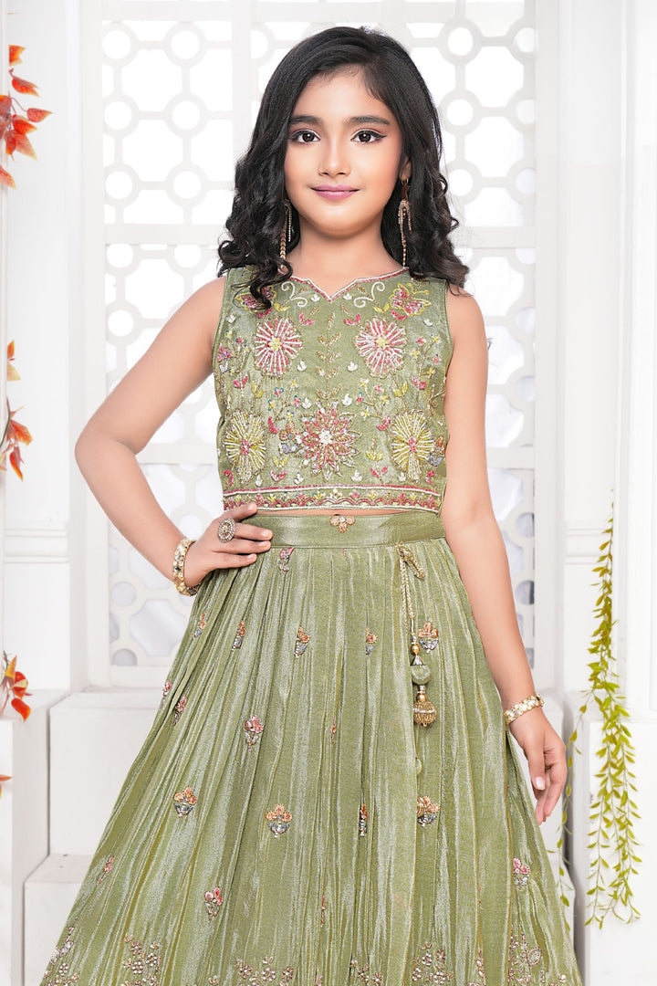 Green Beads, Sequins and Multicolor Thread work Lehenga Choli for Girls