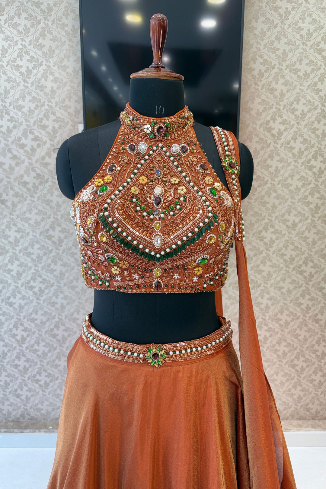 Rust Beads, Zardozi, Stone, Sequins and Pearl work with Halter Neck Crop Top Lehenga