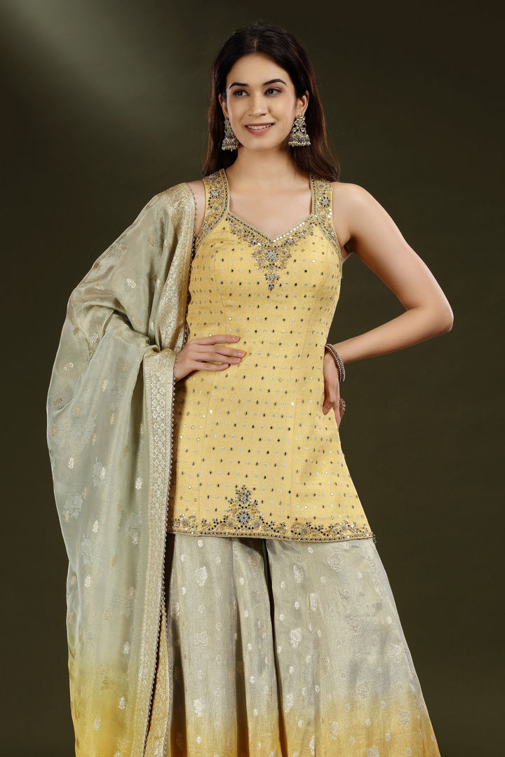 Golden Yellow with Grey Mirror, Sequins, Zari, beads and Banaras work Palazzo Salwar Suit