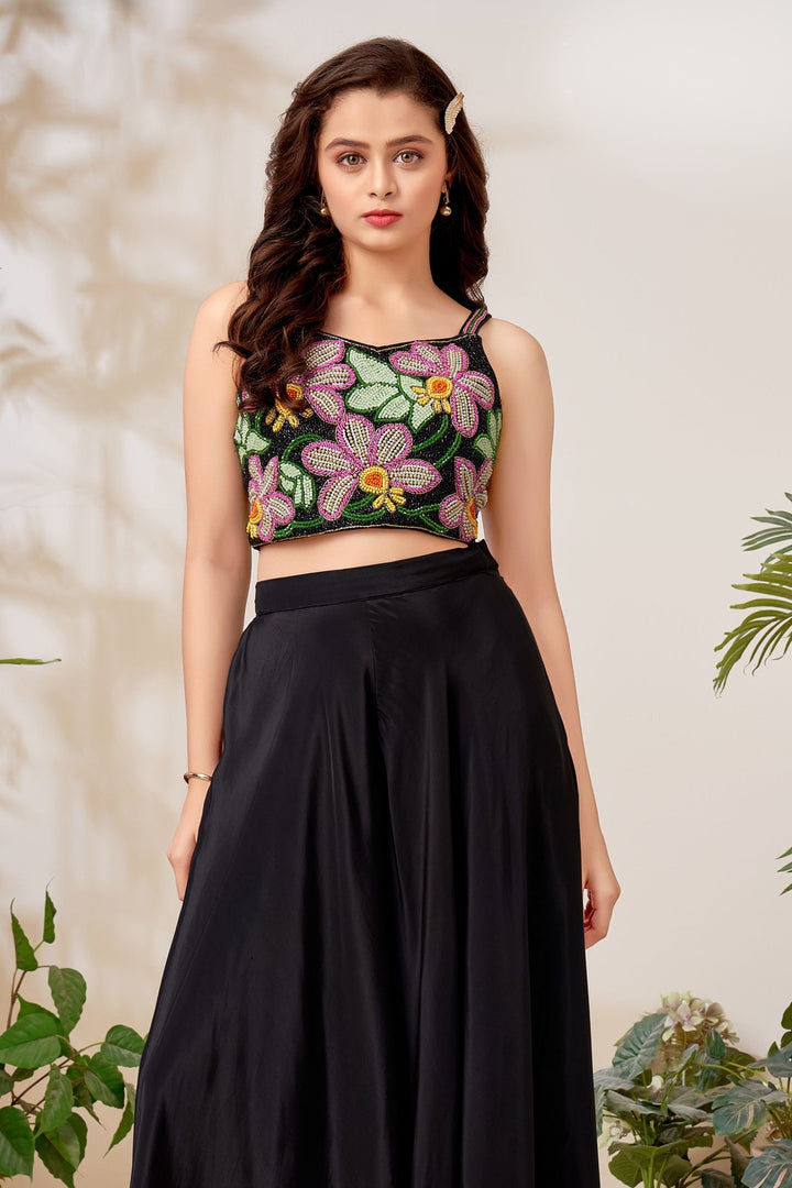 Black Multicolor Beads work Palazzo Suit Set for Girls