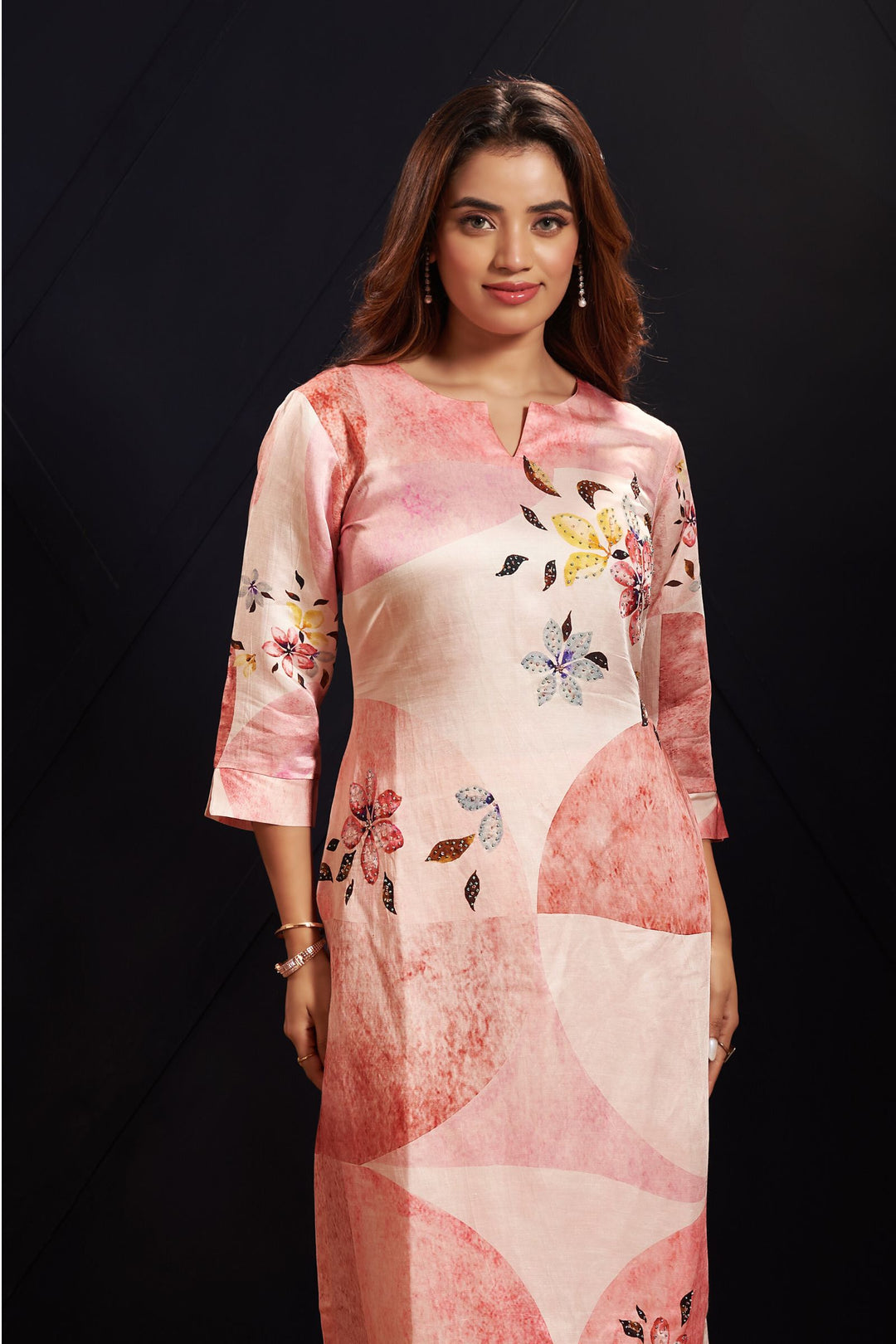 Light Pink Thread and Zardozi work with Multicolor Print Straight Cut Salwar Suit