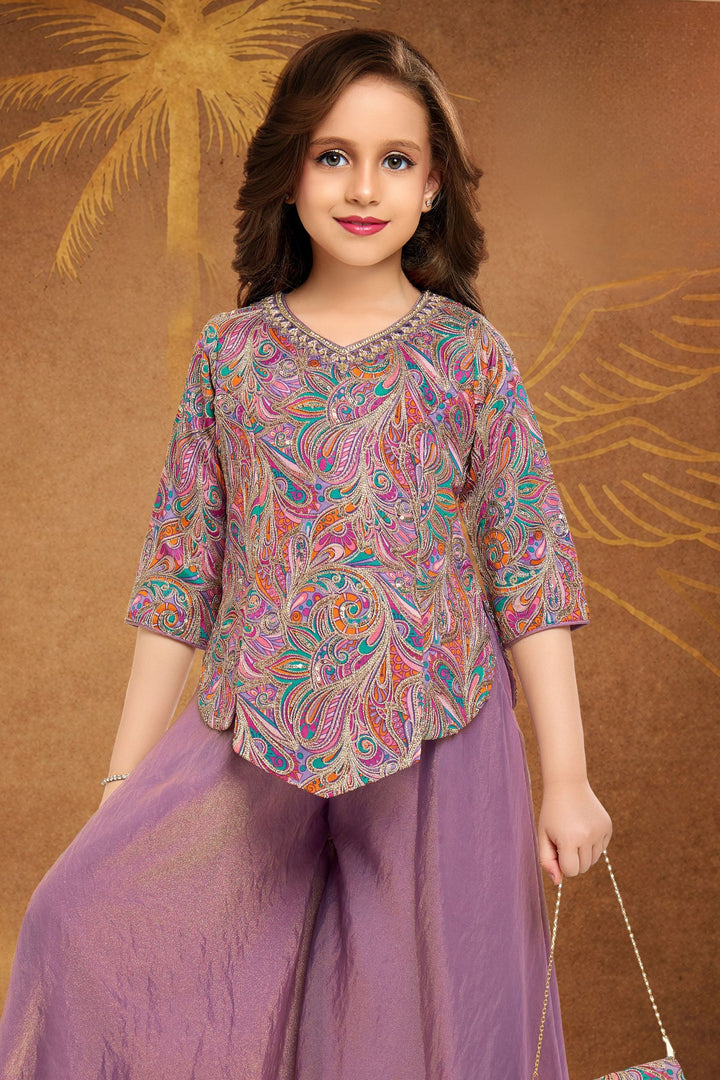 Lavender  Sequins and Mirror work with Multicolor Digital Print Palazzo Suit Set for Girls