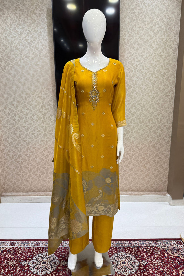 Yellow Beads, Mirror, Sequins, Jacquard and Stone work Straight Cut Salwar Suit