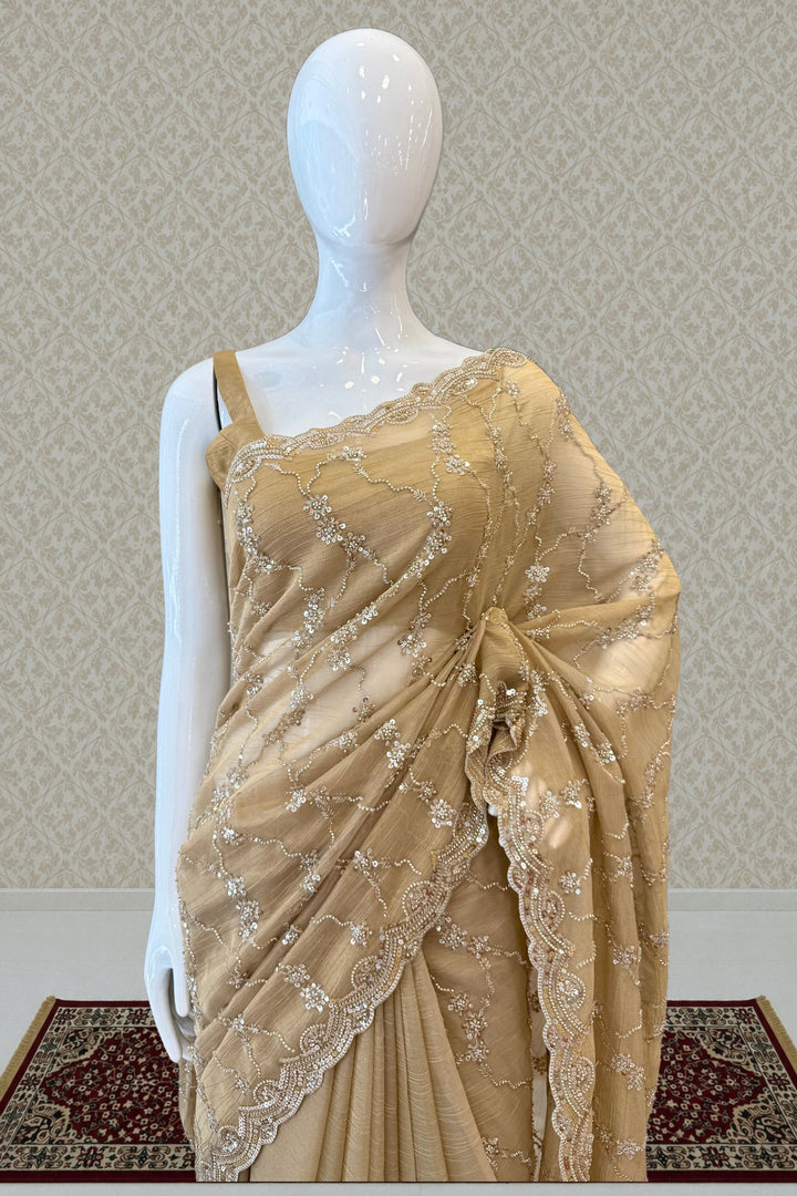 Chiku Saree with Beads, Zari and Sequins work